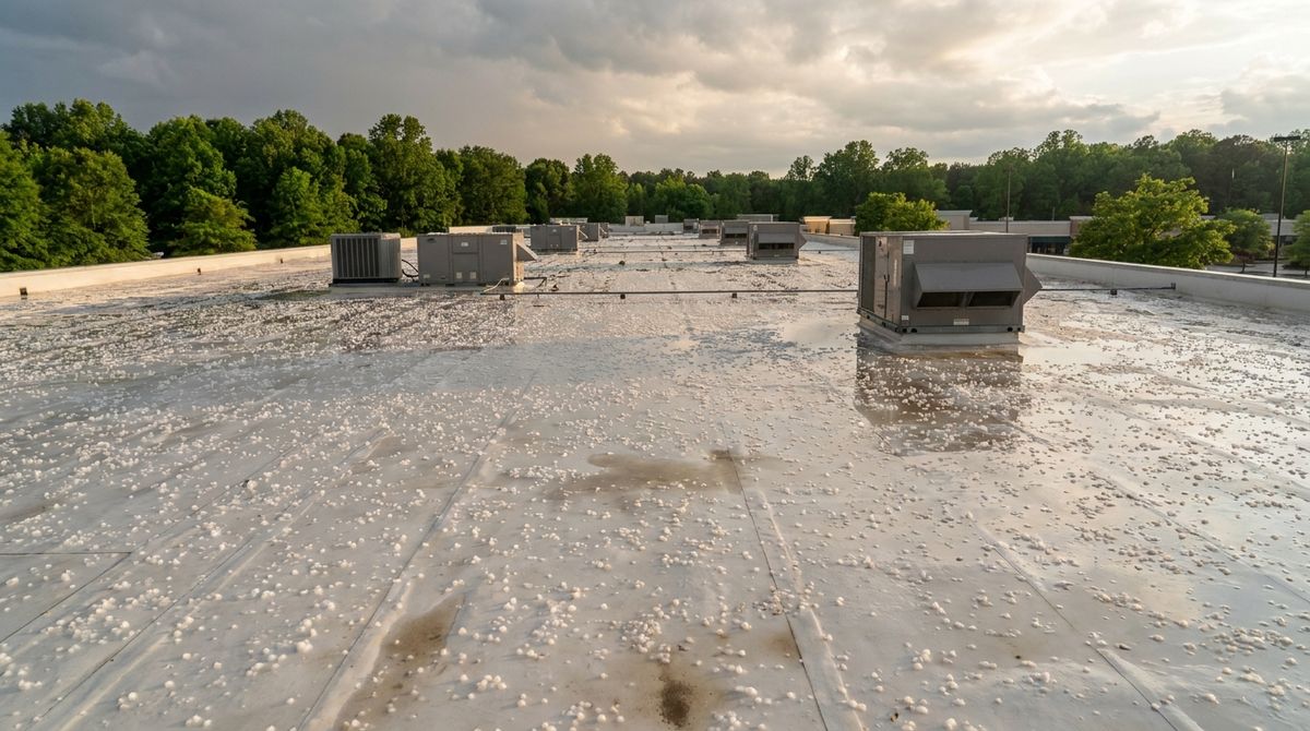 Hailstones scattered across a flat membrane roof on a suburban shopping center under a clearing storm sky