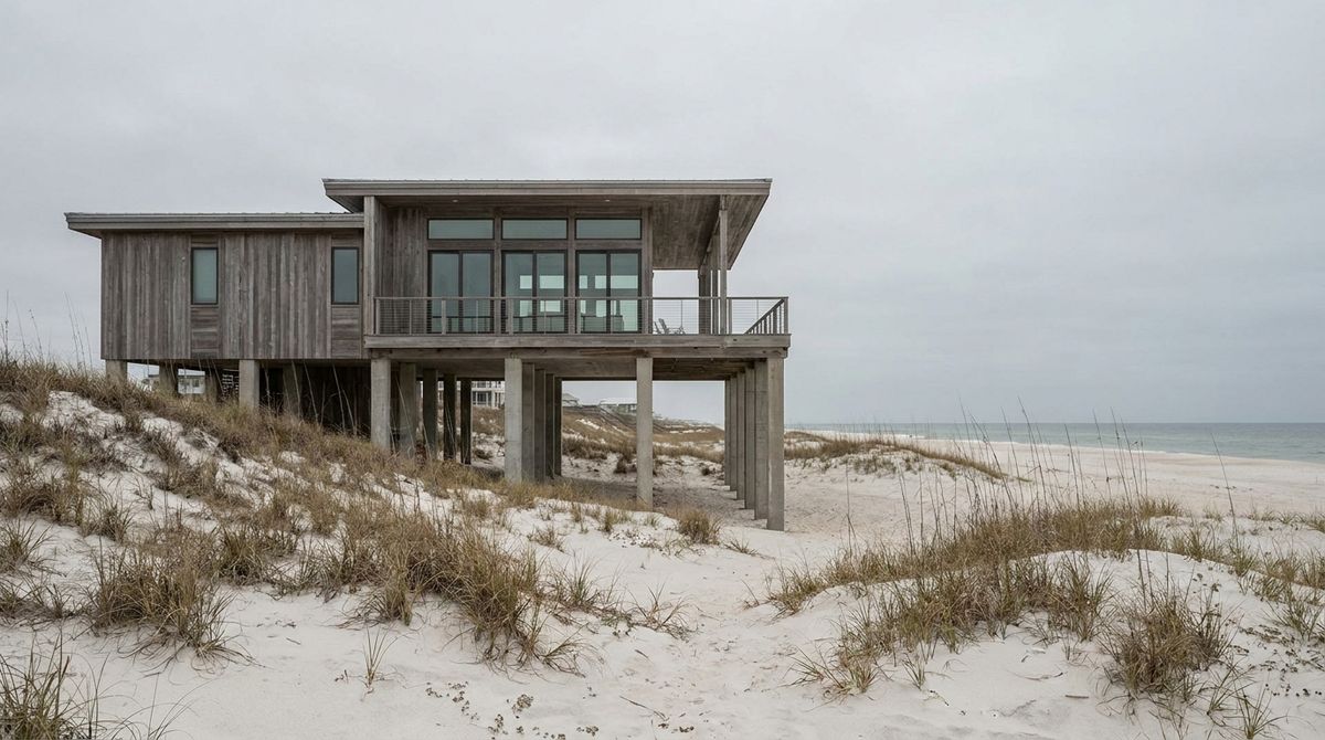 Elevated Gulf Coast Florida beach house on pilings behind sea oats and dunes under a gray sky