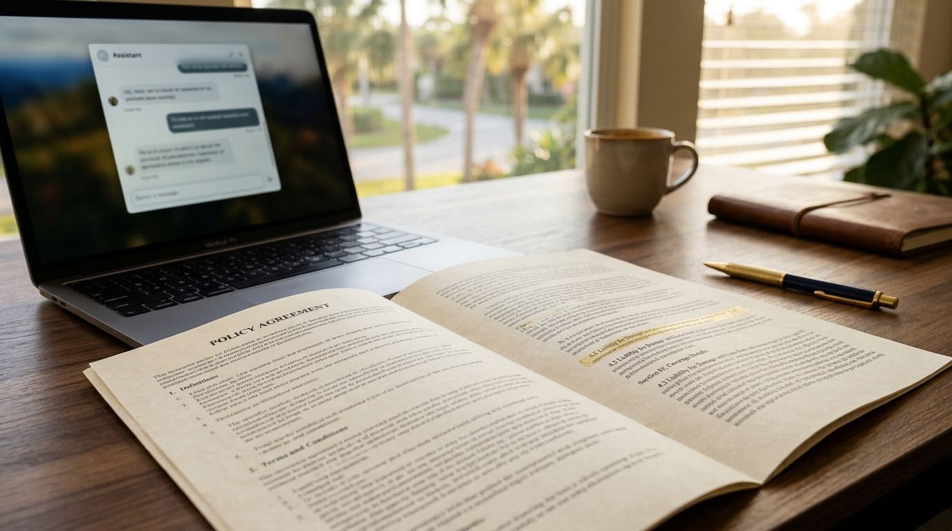 A printed cyber insurance policy open on a Sarasota office desk, one exclusion clause marked in gold, a laptop with an AI assistant window beside it