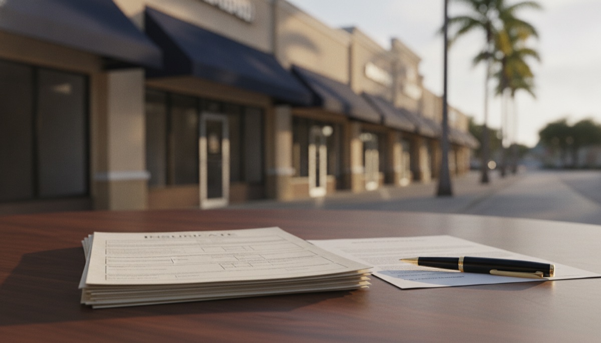 A stack of certificate of insurance forms and a Florida retail plaza lease on a desk
