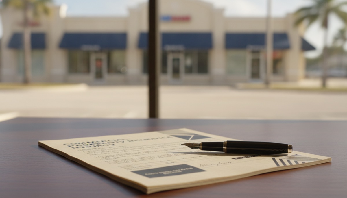 A Florida retail plaza storefront with a commercial property policy and a calculator on the desk