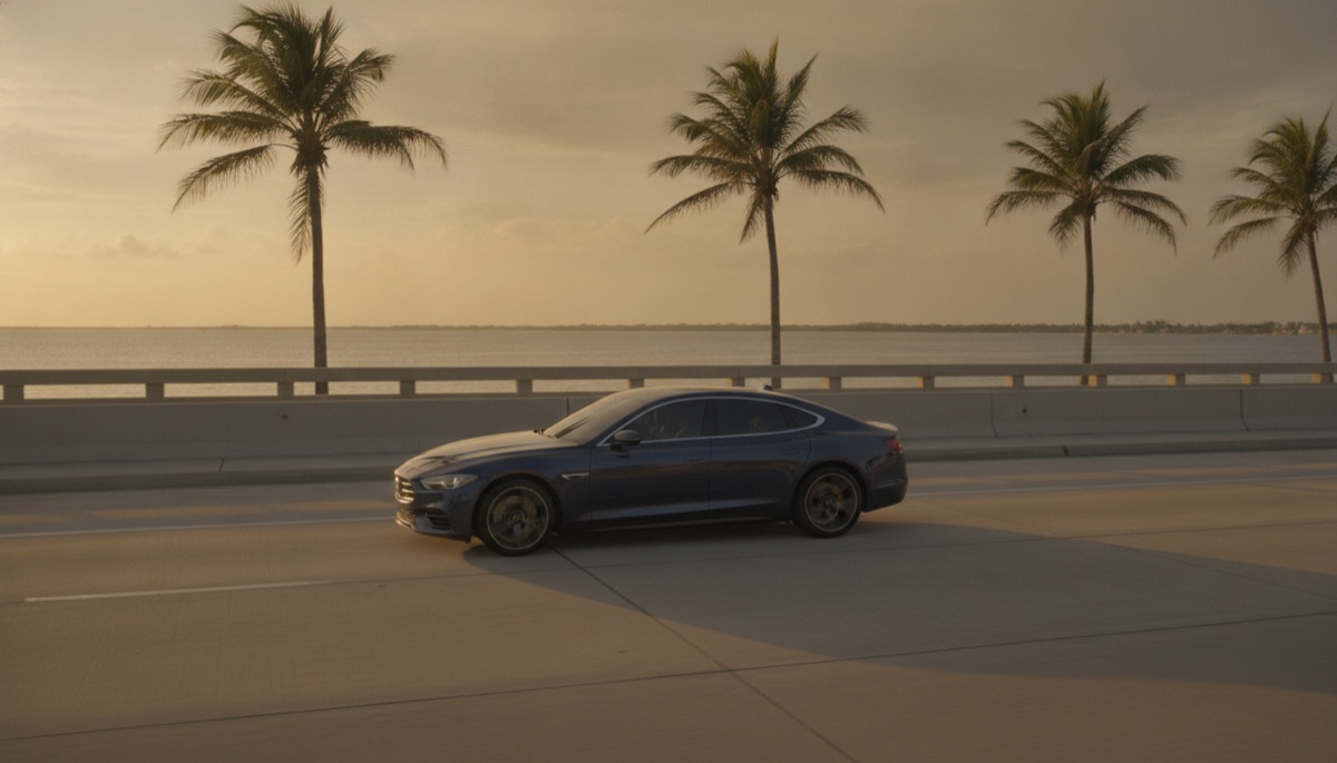 A Florida driver reviewing an auto insurance policy declarations page in a parked car on the Gulf Coast