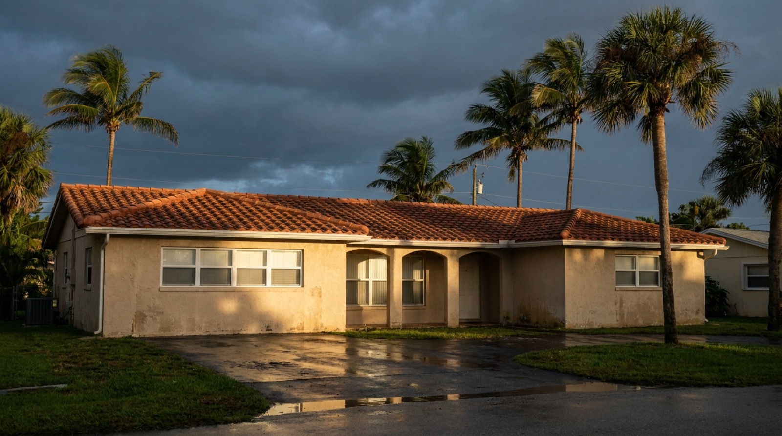 A coastal Southwest Florida stucco home with a tile roof and palm trees under a darkening storm sky
