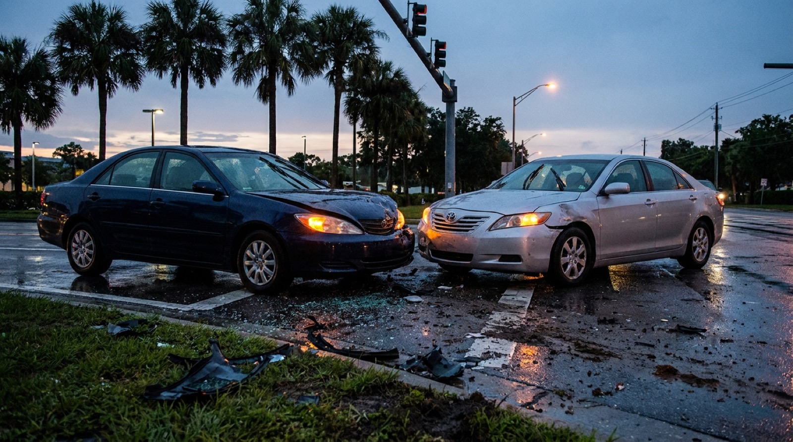 Two sedans with crumpled front ends and debris on the road after a collision at a Florida intersection at dusk