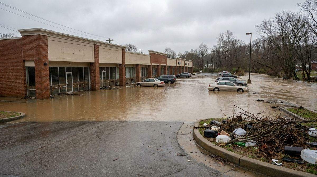 A small inland shopping plaza beside a swollen creek, brown floodwater across the parking lot and mud lines on the storefronts