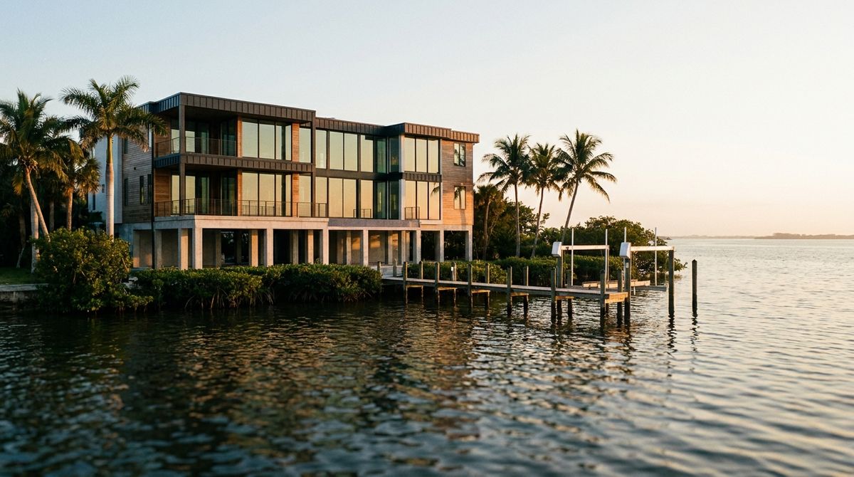 Bayfront home on a Gulf Coast barrier island at dusk with a dock and calm water