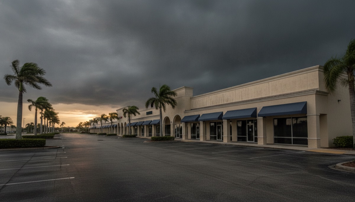 A Florida strip mall retail plaza under a darkening sky as a named storm approaches the Gulf Coast