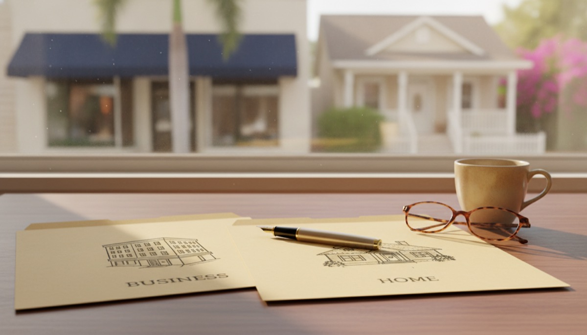 A Gulf Coast Florida main-street storefront with the owner's home visible behind it, both under one insurance policy folder