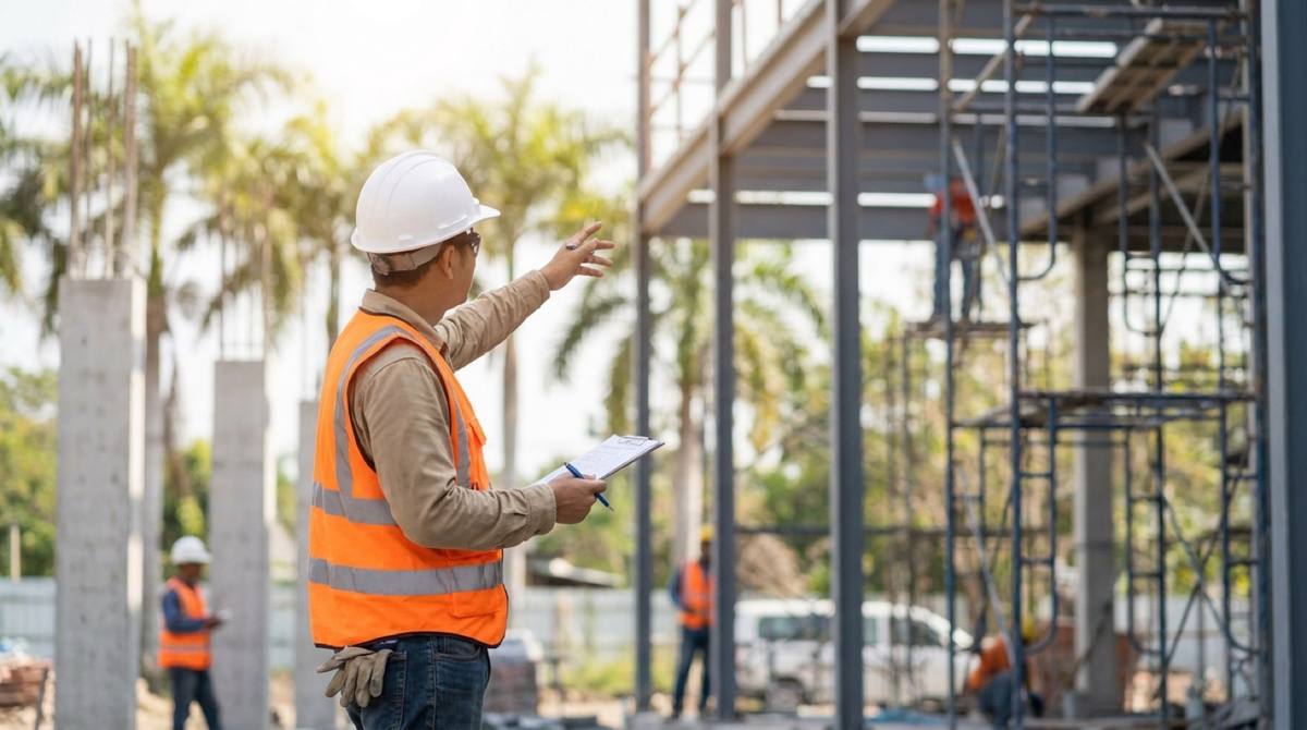 A construction safety consultant in a hi-vis vest reviewing a clipboard on an active Florida job site
