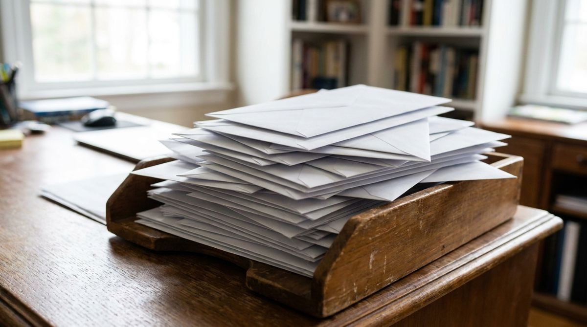 Many identical envelopes stacked in an inbox tray on a wooden desk