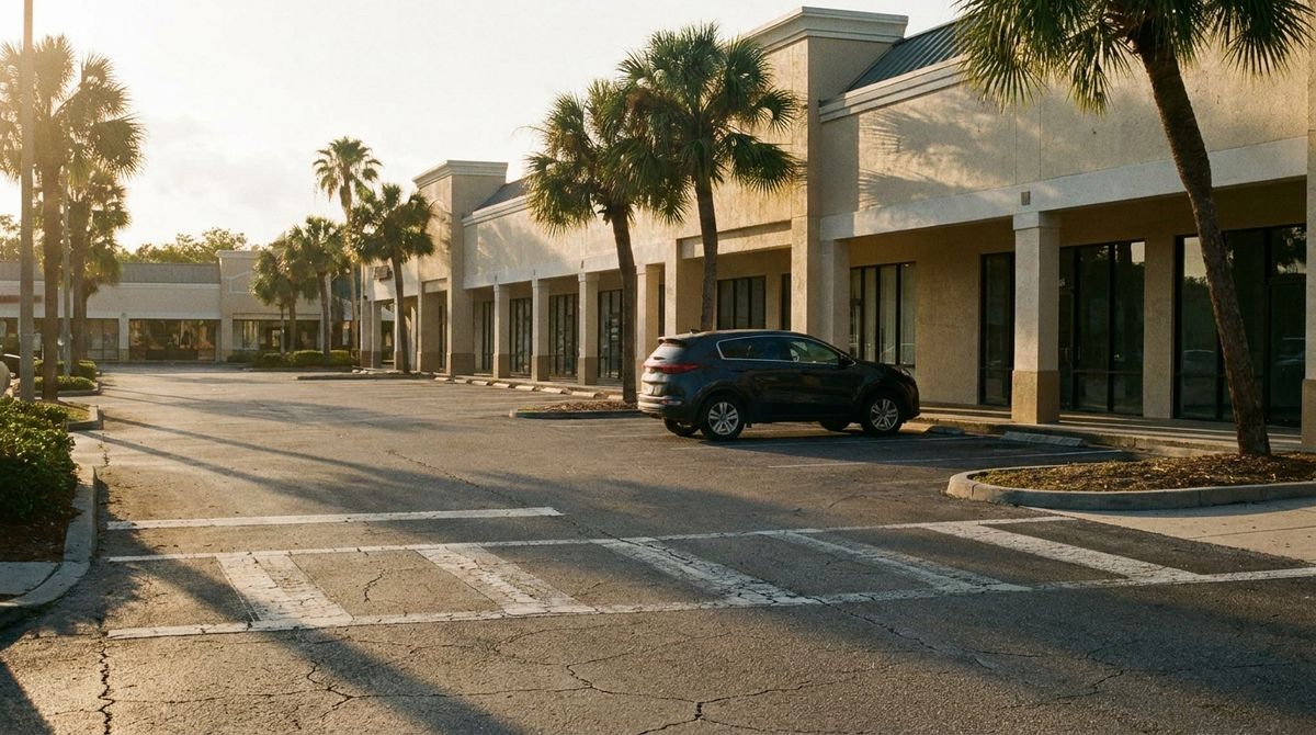 Empty Florida shopping plaza parking lot at dusk with an SUV parked near the storefronts
