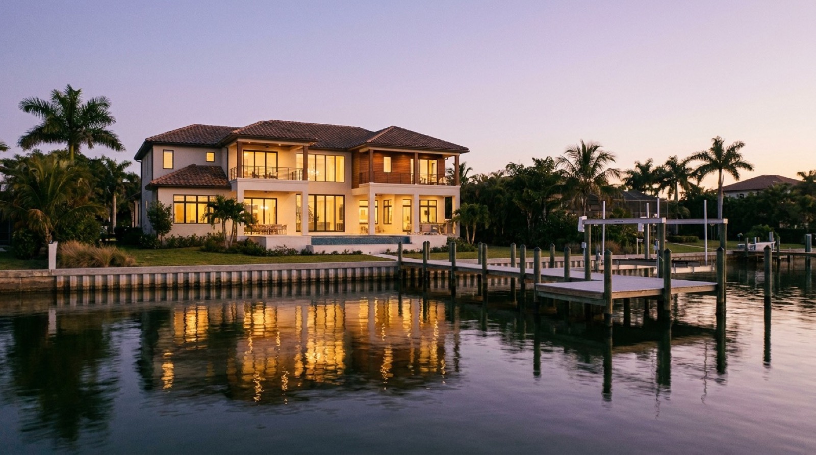 A Gulf Coast Florida home at dusk with lights on and a calm bay behind it