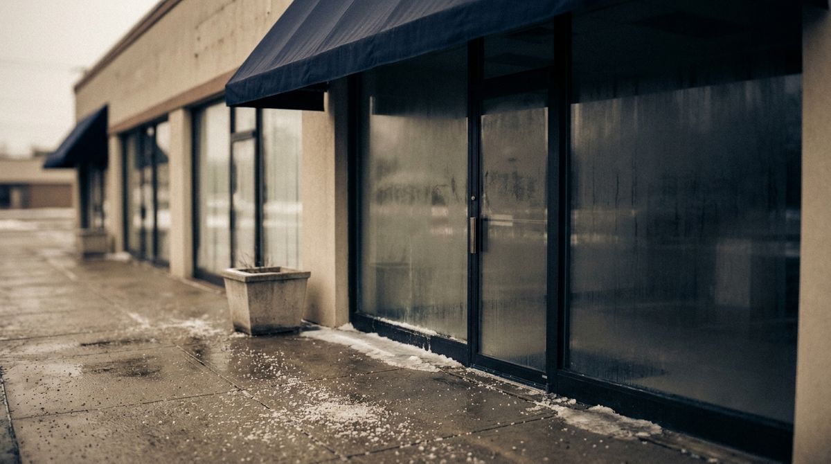 Icy walkway in front of a small retail strip at dawn, rock salt scattered by the glass storefront door