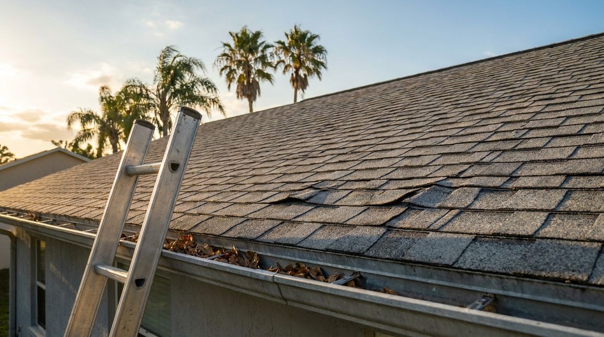 Weathered architectural shingle roof on a Florida home with a ladder against the gutter and palms behind