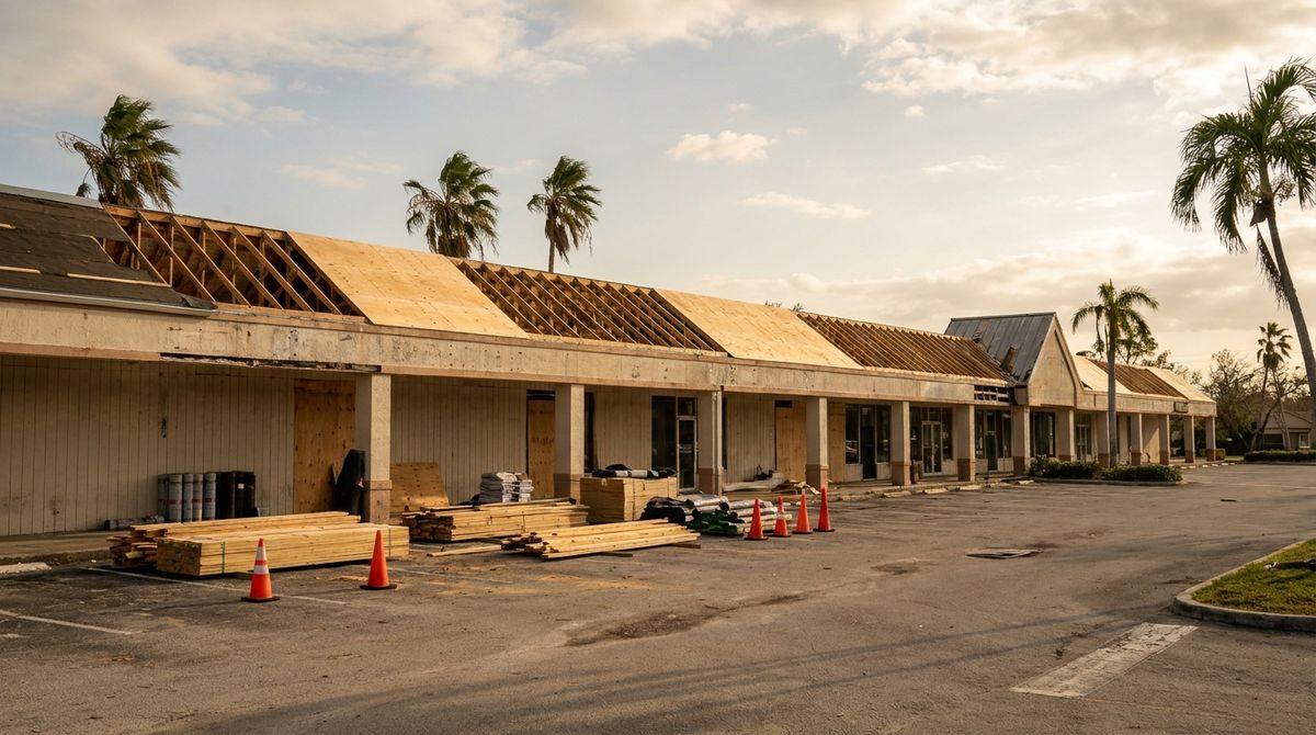 A Florida strip shopping center under reconstruction with a new roof deck being framed above empty storefronts