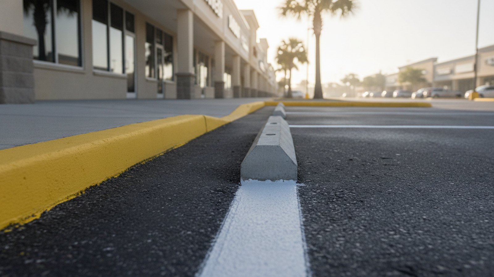 A freshly painted yellow curb and a concrete wheel stop centered on a white stripe in a Florida strip center parking lot