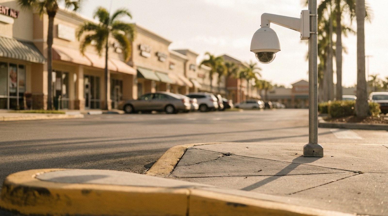 A security camera on a light pole above a Florida strip mall parking lot, yellow curb in the foreground