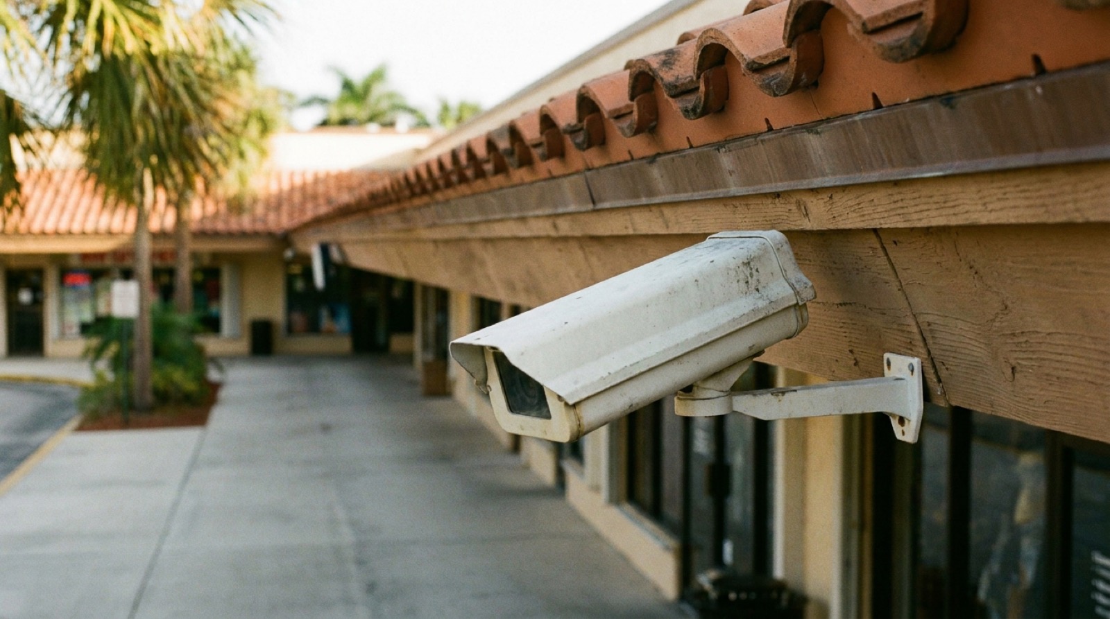 A security camera mounted under the eave of a Florida shopping plaza walkway, palm trees and a clay tile roofline behind it