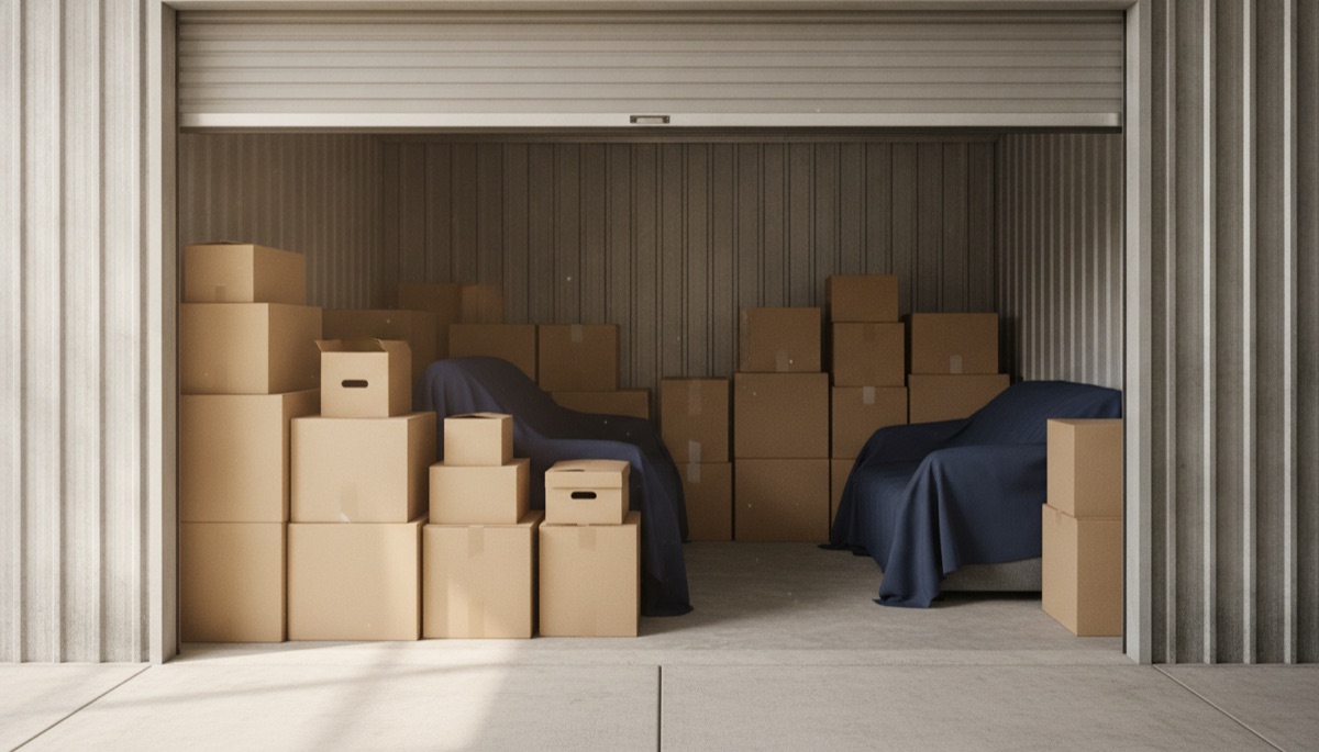 Boxes and furniture stacked inside a rented self storage unit in Florida