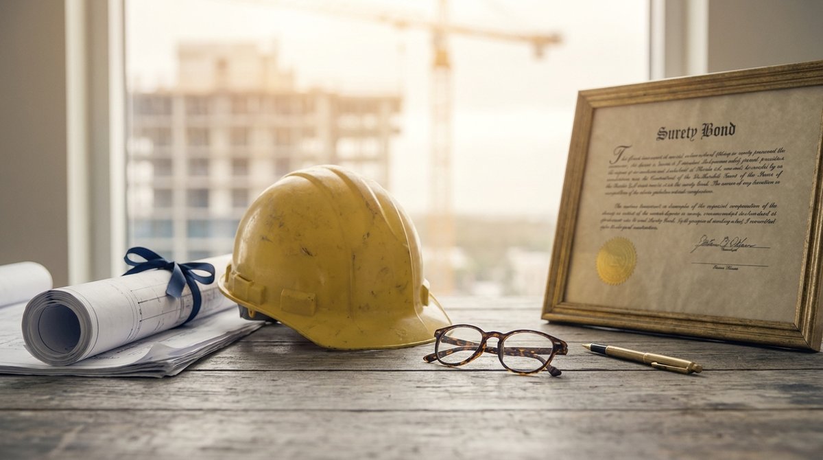A Florida Gulf Coast contractor on a job site reviewing a surety bond document with a hard hat and blueprints on the table