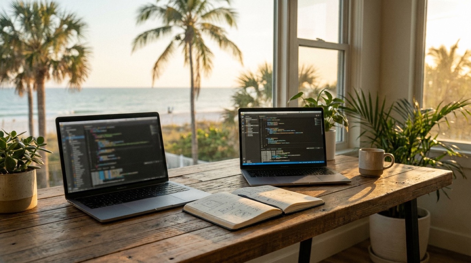 A small startup office on the Florida Gulf Coast with two laptops on a desk and palm trees outside the window