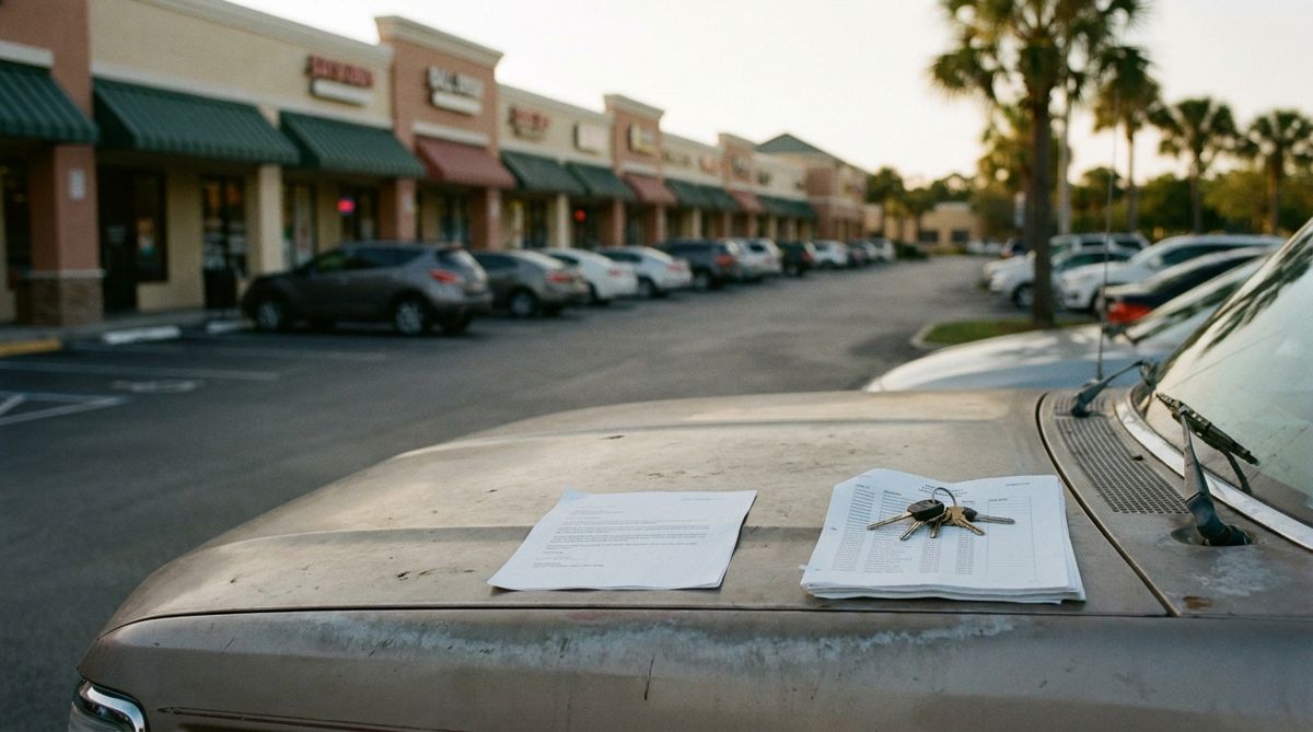 A non-renewal notice on a desk beside a strip center rent roll and a set of keys