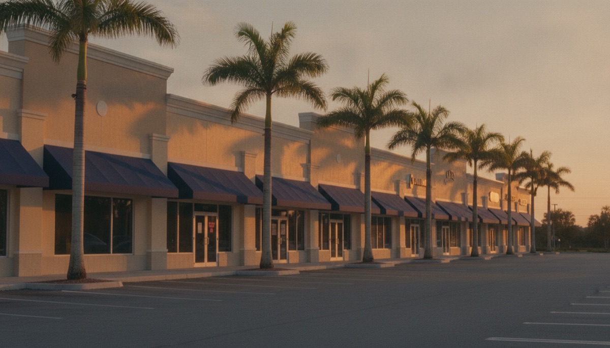 A Florida Gulf Coast strip mall storefront row with parking lot under a bright sky