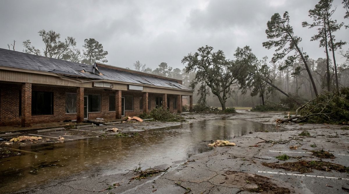 A coastal North Carolina shopping center after a hurricane, standing water in the parking lot and roof debris near the storefronts