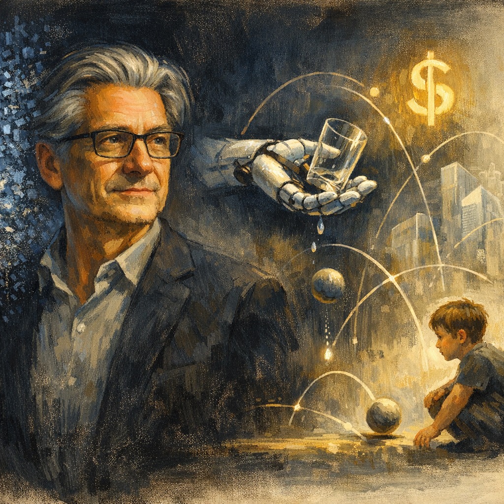 Editorial illustration of an AI scientist turning away from a crumbling wall of glowing text and word-tokens toward an emerging three-dimensional 'world model' — a robotic arm catching a falling glass, a child watching a ball drop, and physics trajectories in navy and gold.